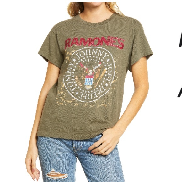 Daydreamer Tops - Daydreamer Olive Army Green Ramones Graphic Tee with Red Logo